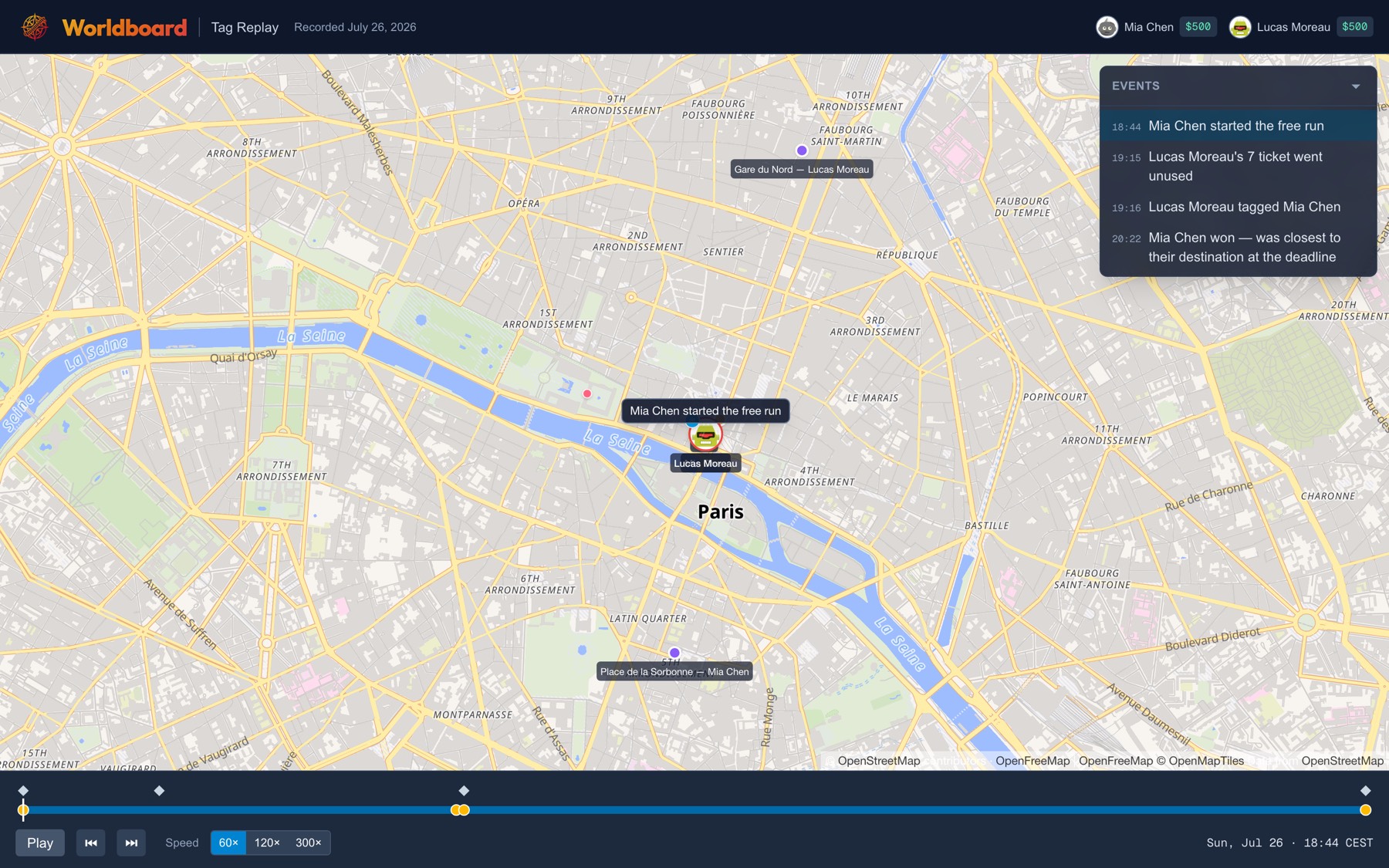 The replay viewer: a finished Tag chase in Paris