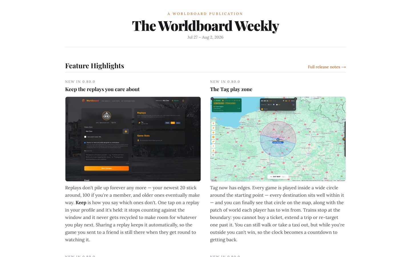 The Worldboard Weekly opening on a Feature Highlights section, with two illustrated feature introductions side by side.