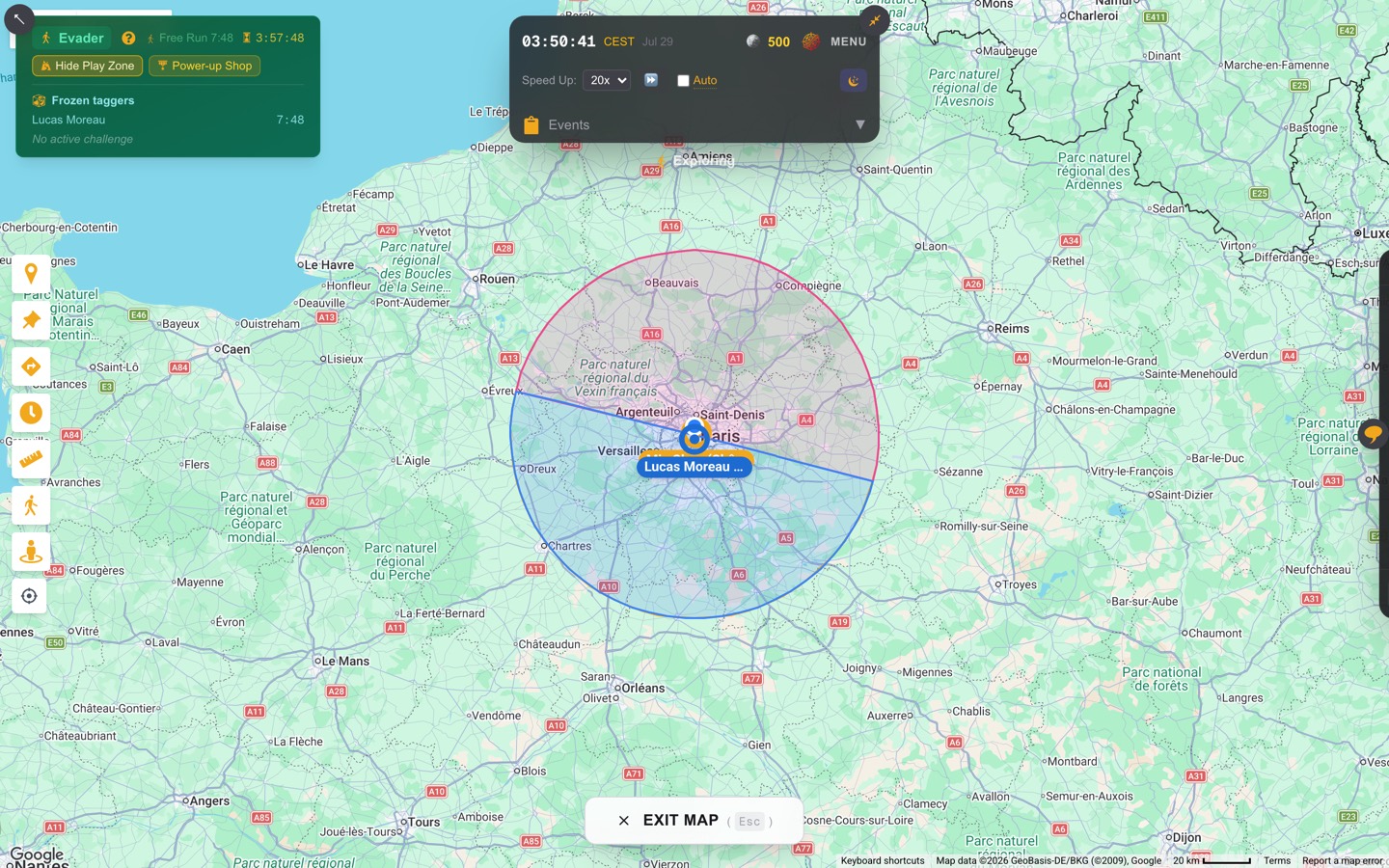 The Tag play zone drawn on the map: a circle around Paris split into two coloured winning zones, with Orléans sitting well outside the boundary.