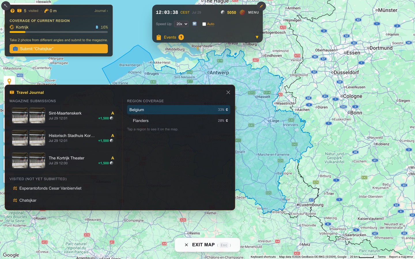 The Travel Journal window open over the map: magazine submissions on the left, a region coverage tree on the right, and Belgium's boundary painted on the map behind it.