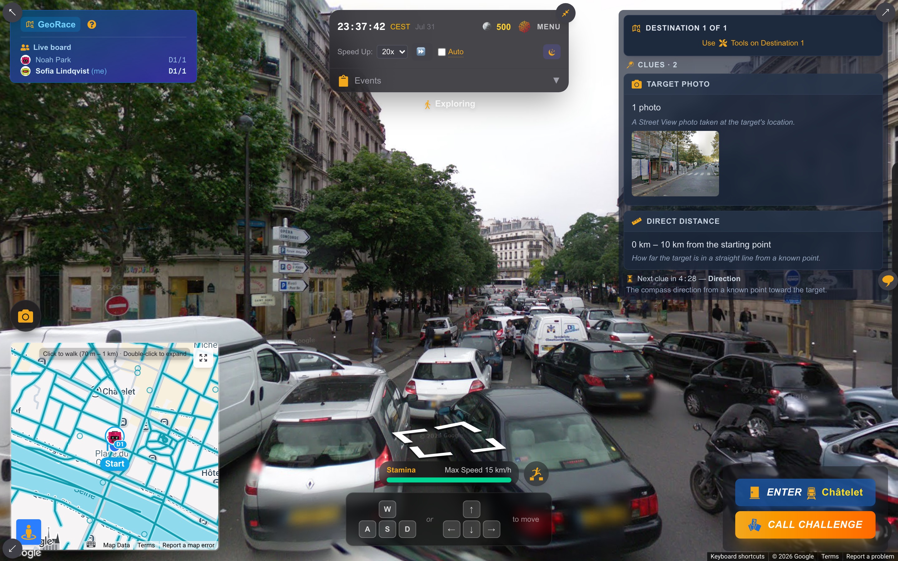 The GeoRace quest panel over a Paris street view, its clue list ending with "Next clue in 4:28 — Direction" and the line "The compass direction from a known point toward the target."