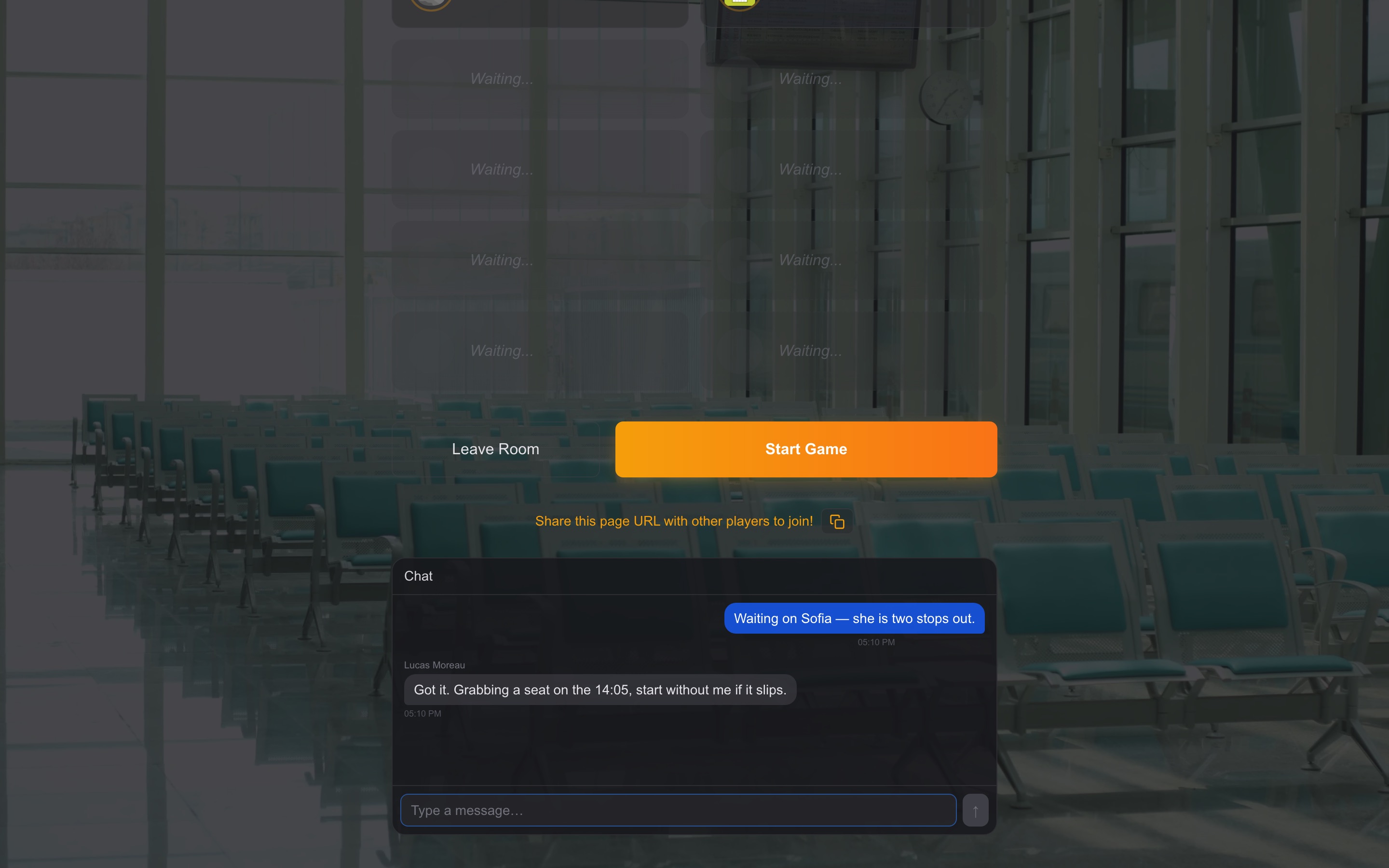 A Worldboard waiting room with the chat panel open below the Start Game button, showing a two-message exchange between Mia Chen and Lucas Moreau.