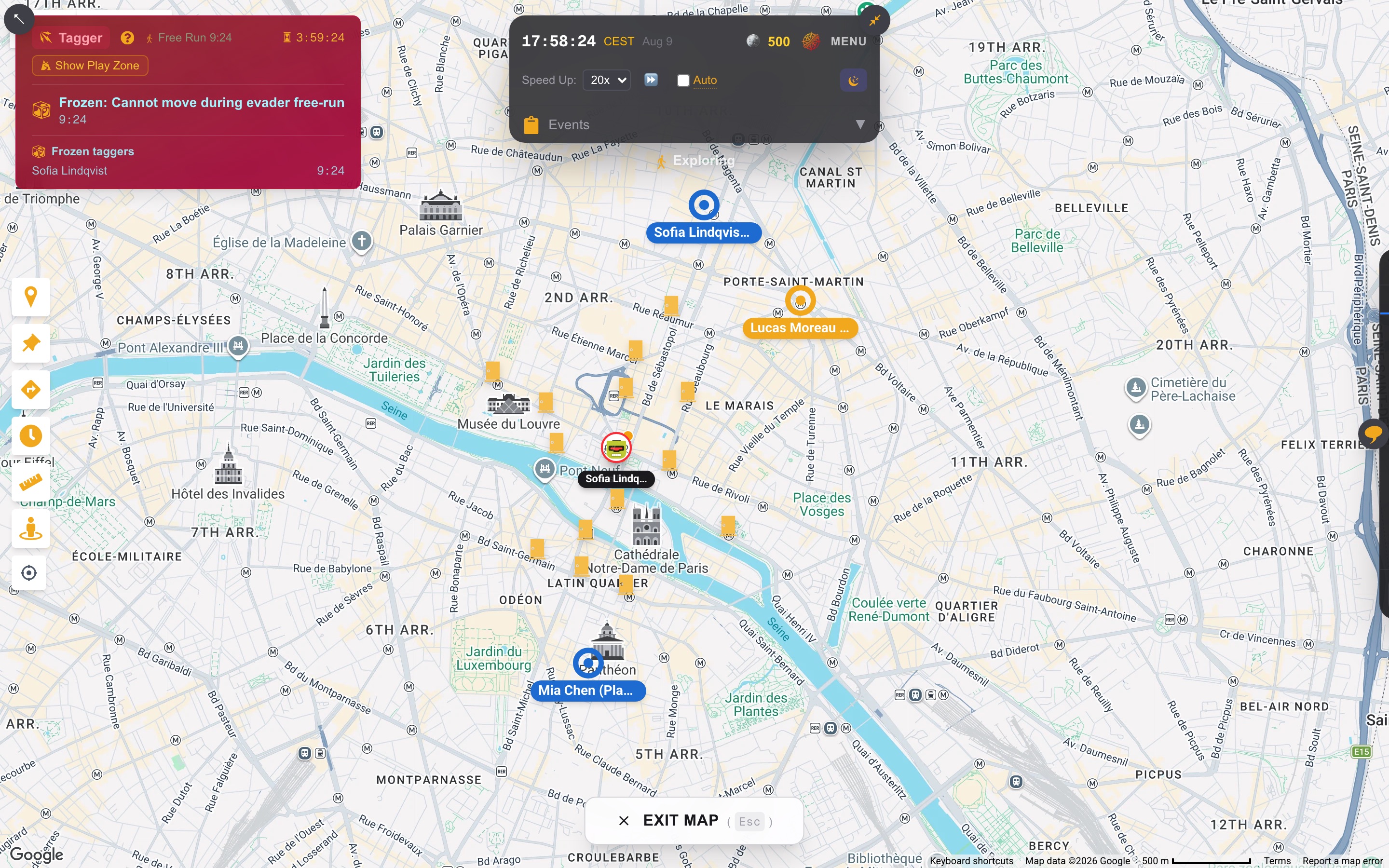 The fullscreen Paris map with named player markers — each avatar carrying its own name plate.