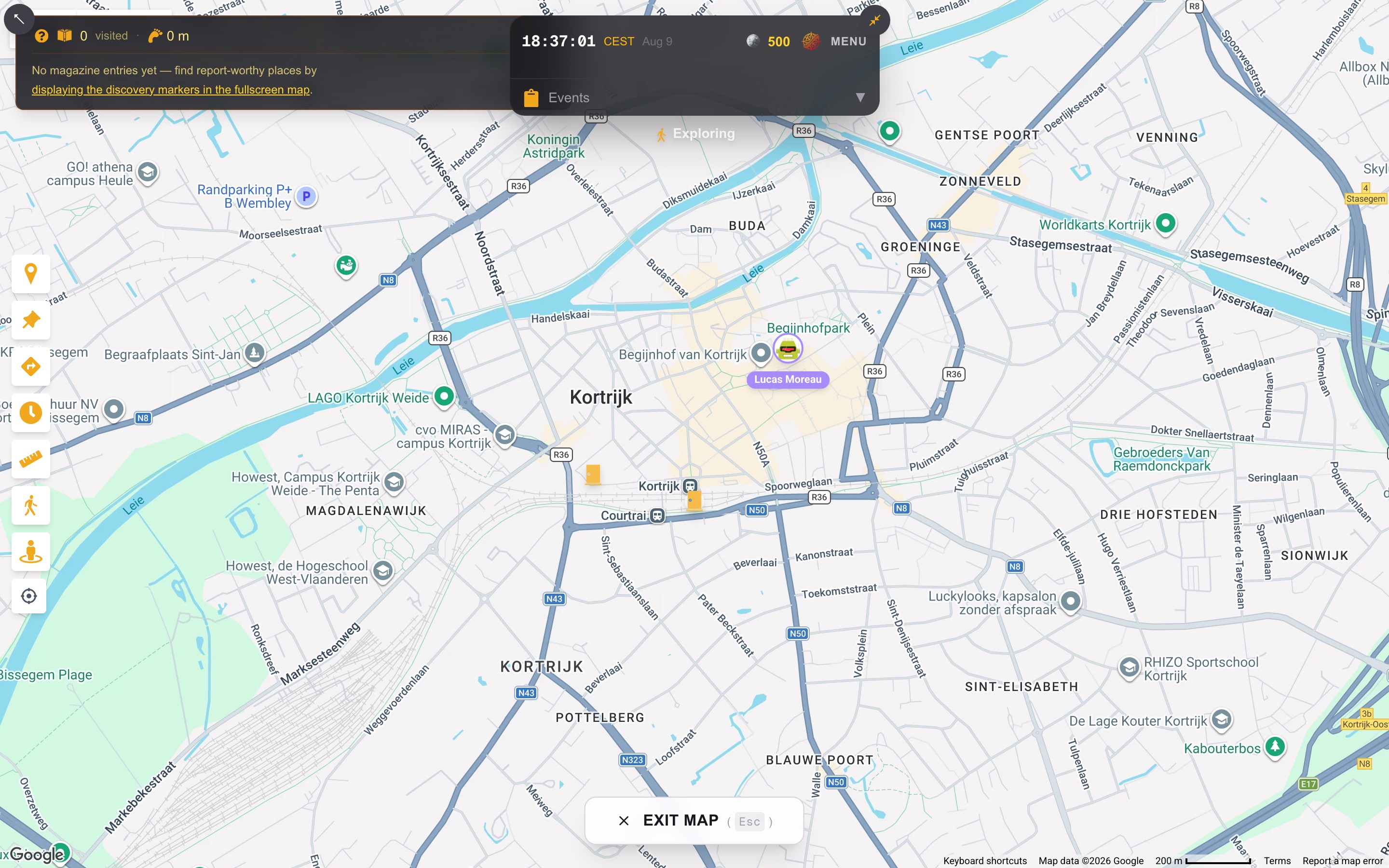 A fellow traveler's pin on the Kortrijk map: avatar, name plate, another journalist a few streets over.