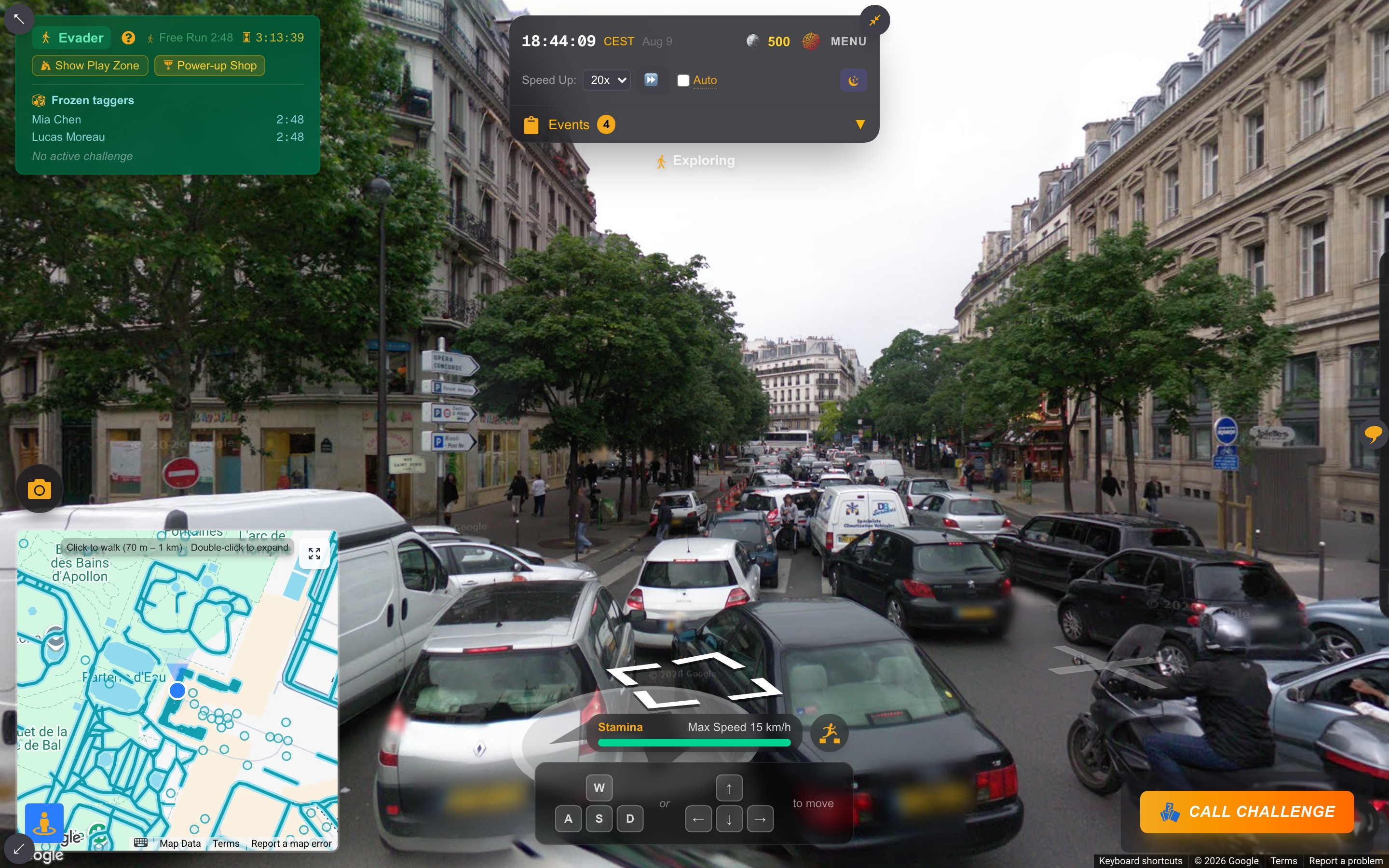 The new evader's view moments after the swap: free run already down to 2:47, both taggers frozen for the same shortened window.