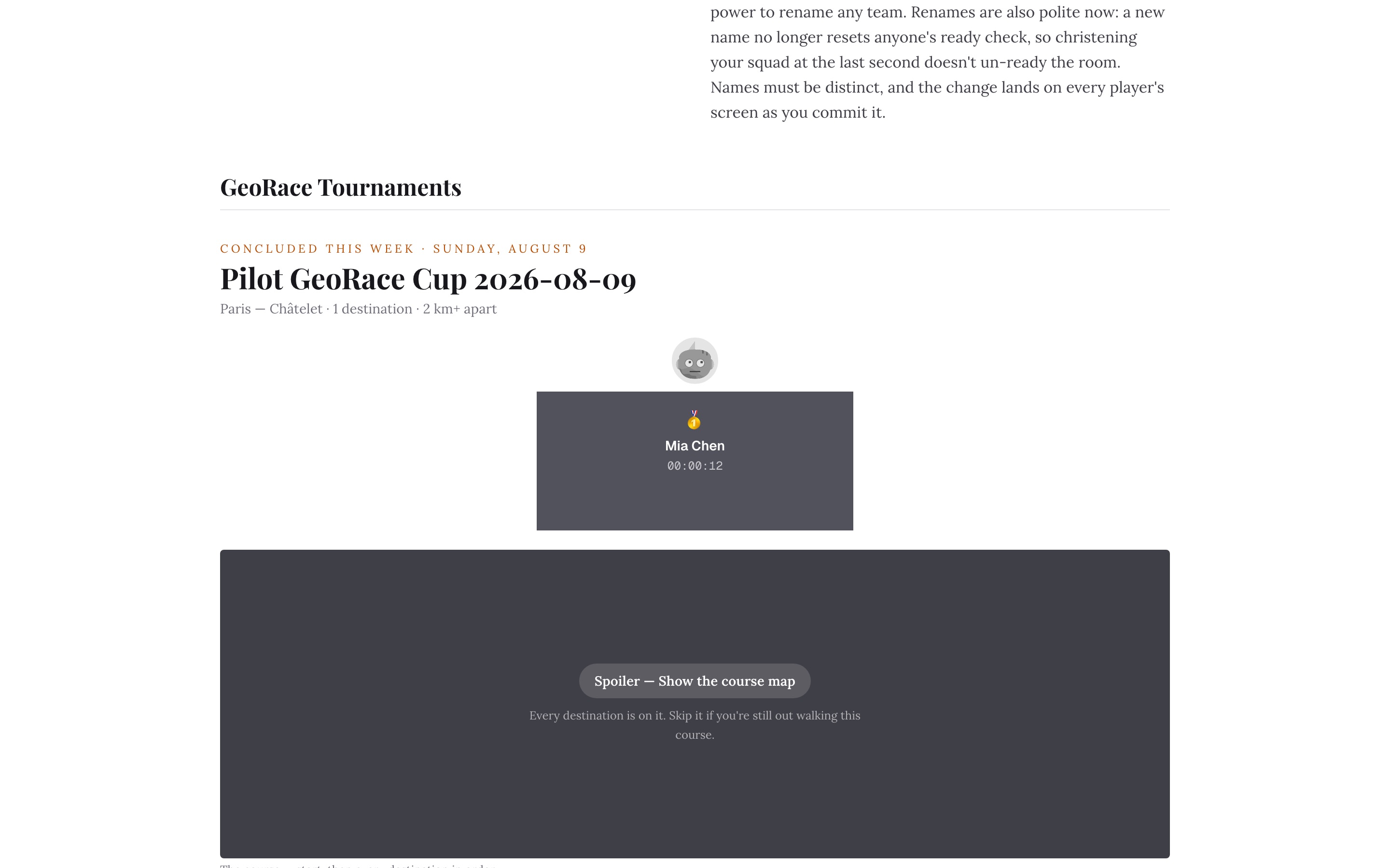 The magazine's tournament recap: the concluded cup's podium, winner and run time, with the course map tucked behind a spoiler.