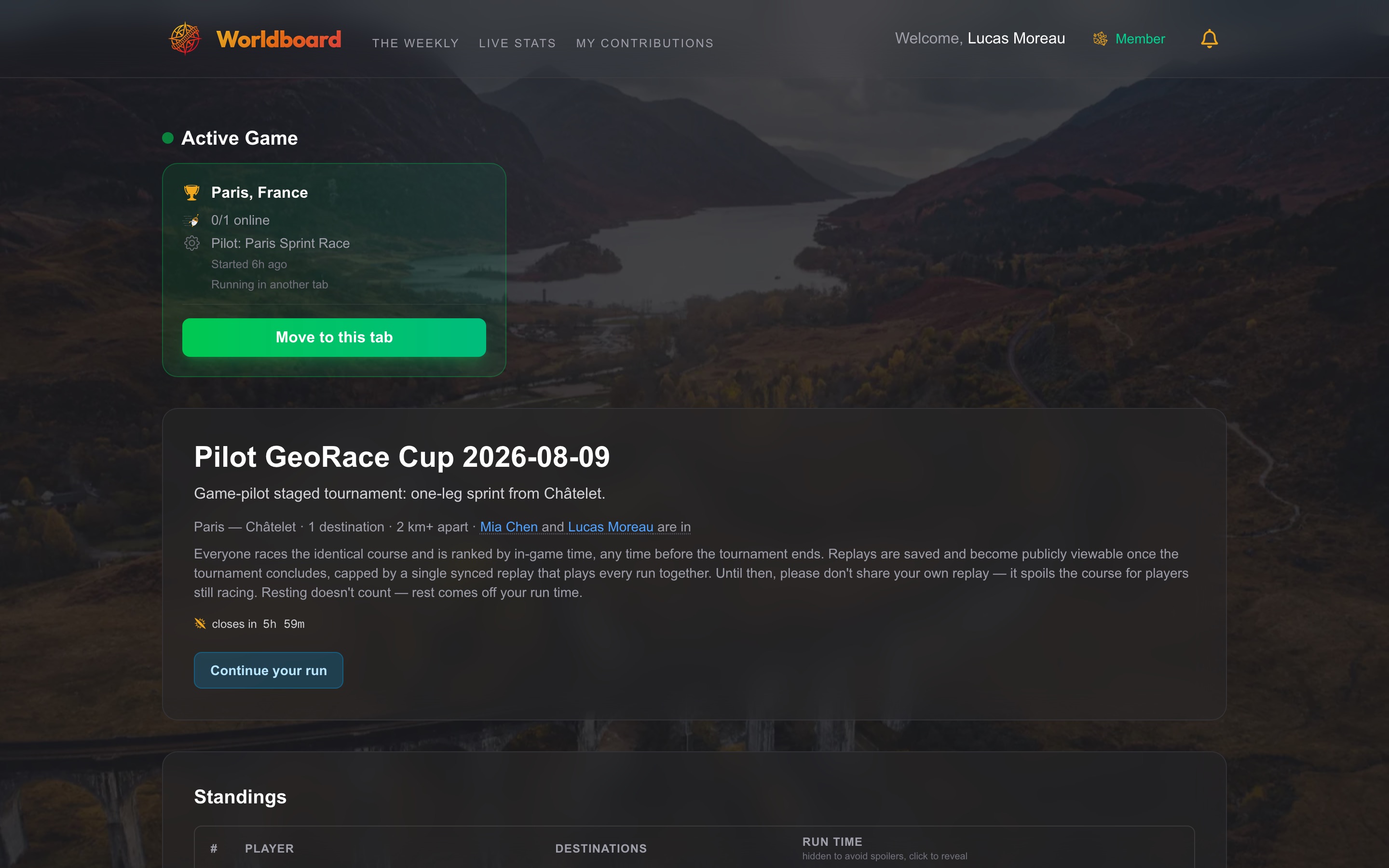 The live standings from a still-racing entrant: the leader's run time masked as ••:••:••, the header explaining the click-to-reveal.