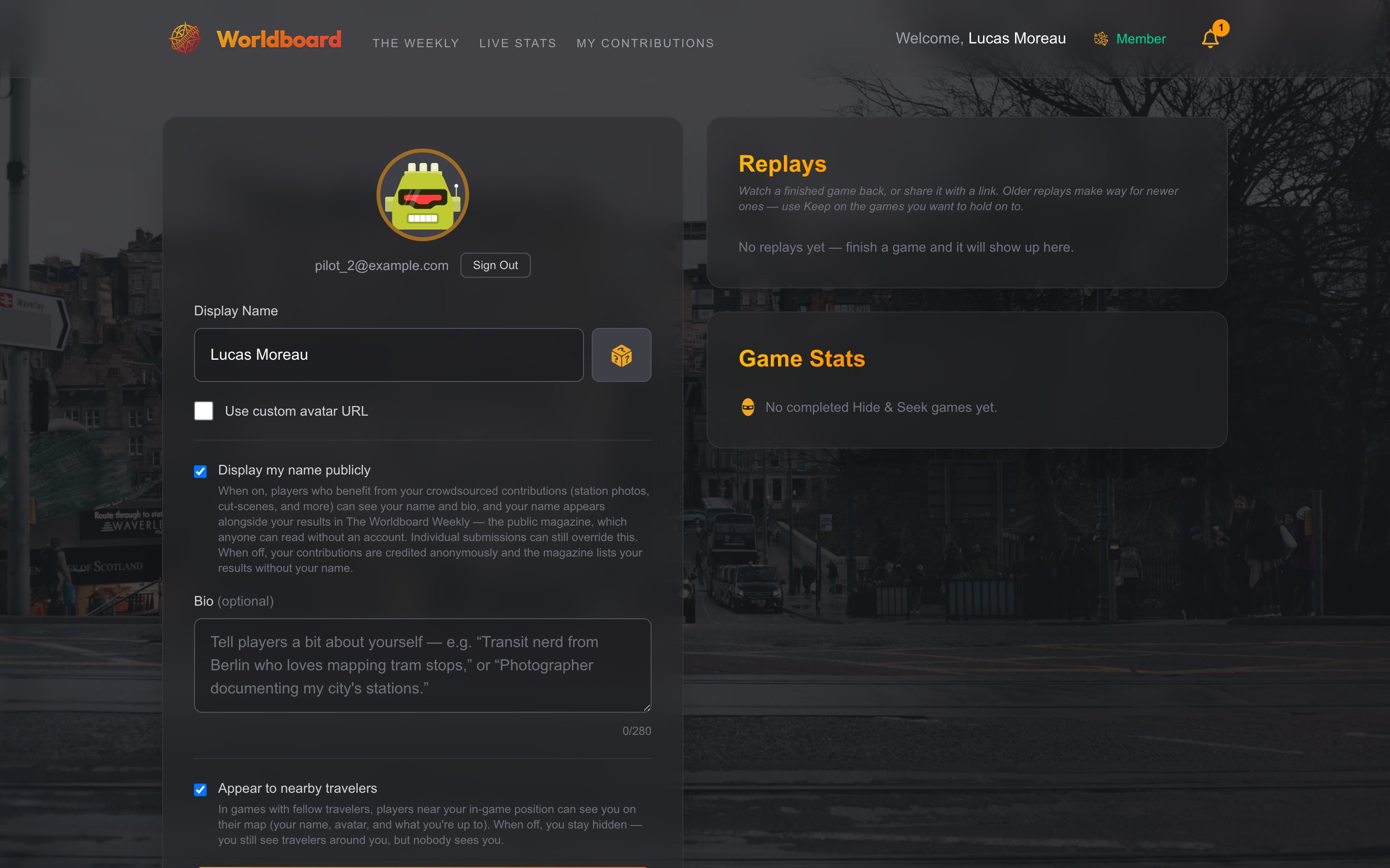 The profile setting: "Appear to nearby travelers", one checkbox governing your visibility in the shared world.