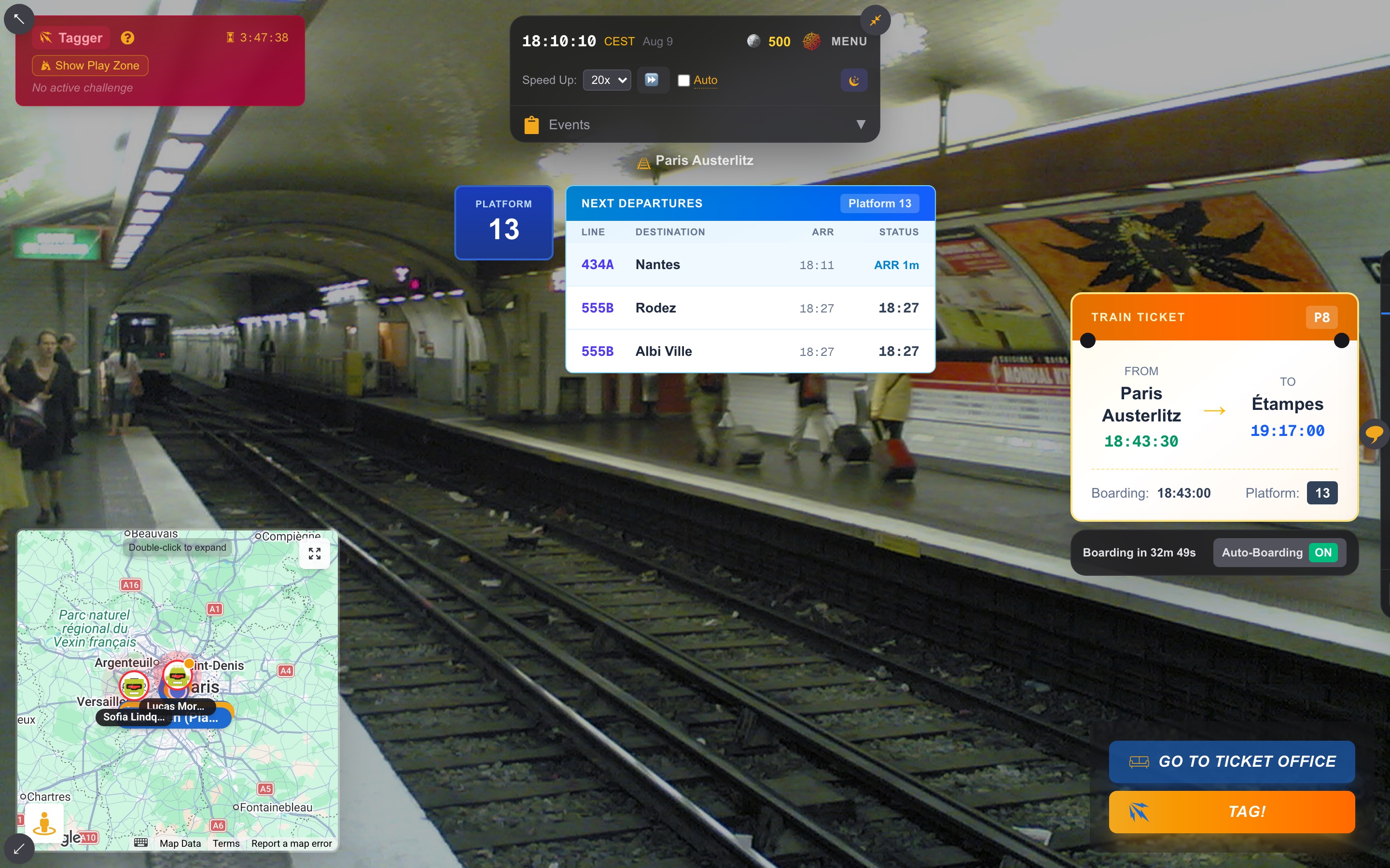 A train ticket to Étampes with the Auto-Boarding toggle armed — the ON badge lit next to the boarding countdown.