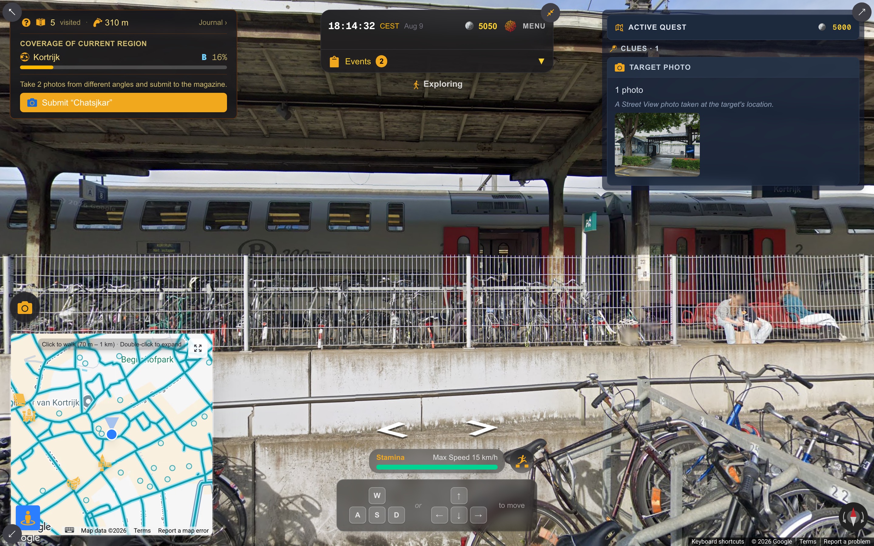 The moment coverage hits Tier B: "Your coverage of Kortrijk reached Tier B — a new assignment has arrived", the quest panel already showing clue 1.