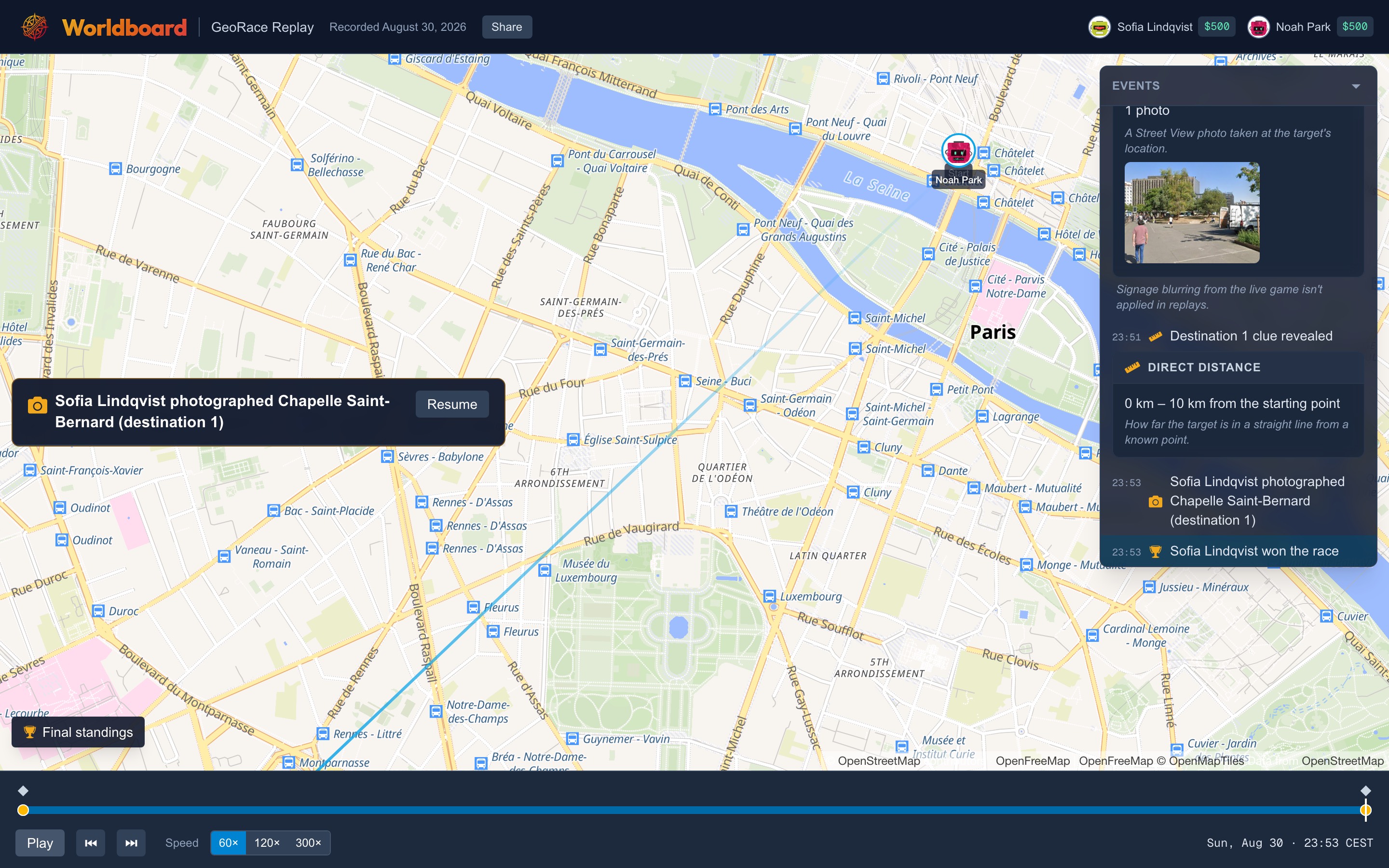 A GeoRace replay paused on a moment: a popup reading "Sofia Lindqvist photographed Chapelle Saint-Bernard (destination 1)" with a Resume button, over the Paris map.