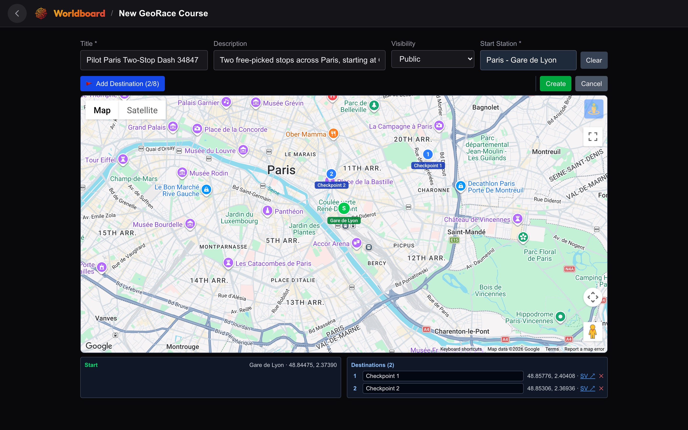 The New GeoRace Course editor: a Paris map with a green Gare de Lyon start pin and two numbered destination pins, over a form with title, description, visibility and start station.